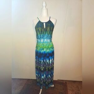 Y2k Feather Ikat Tie Dye Blue Green Purple Maxi Dress 10 M EUC